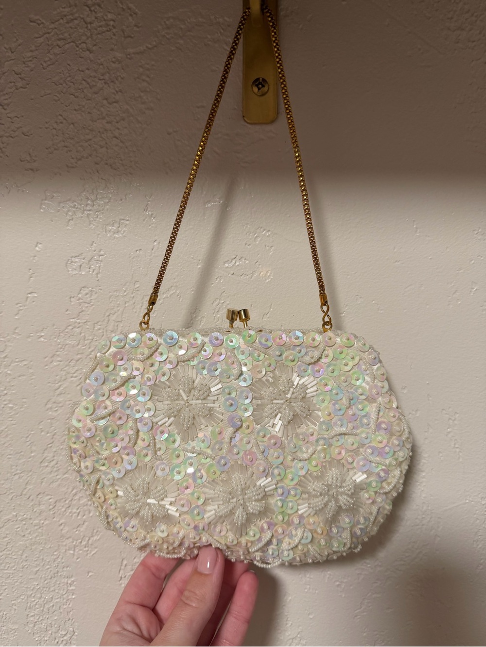 Vintage Beaded White and Iridescent Sequin Evening Clutch with Gold Chain